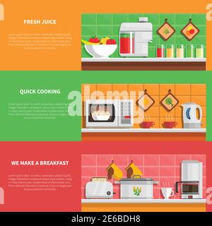 Household appliances horizontal banners set with fresh juice and quick cooking symbols flat isolated vector illustration Stock Vector