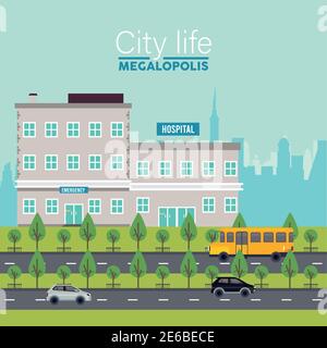 city life megalopolis lettering in cityscape scene with hospital buildings and vehicles vector illustration design Stock Vector