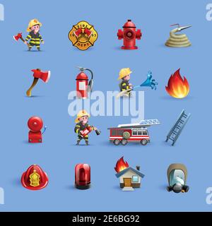 Fire department firefighting brigade service ammunition and accessories modern styled cartoon red icons set isolated vector illustration Stock Vector