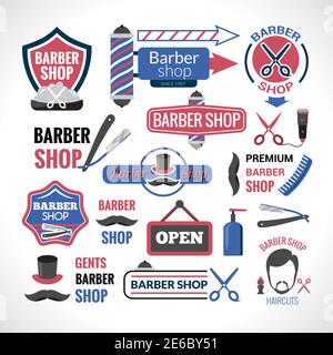 Barber shop symbols labels collection and signs with modern haircut and hair styling  abstract isolated vector illustration Stock Vector