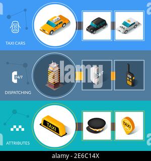 Taxi car attributes and 24 hours dispatching service informative isometric pictograms banners set abstract isolated vector illustration Stock Vector