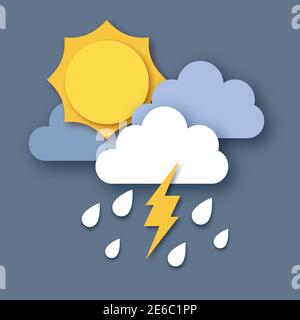 Sun with Raincloud and Lightening Bolt. Paper cut Weather. Storm time. Rain drops in the dark sky and thunder. Vector Stock Vector