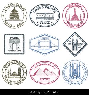 Monuments and famous world landmarks stamps set isolated vector illustration Stock Vector