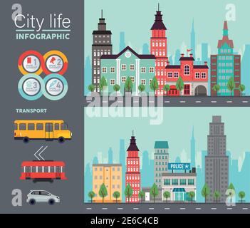 city life megalopolis lettering in cityscapes scenes and vehicles vector illustration design Stock Vector