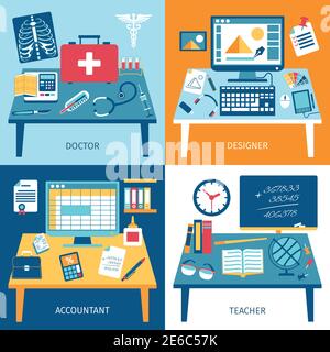 Workspace design concept set with doctor designer accountant and teacher rooms isolated vector illustration Stock Vector