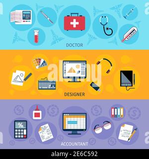 Workspace horizontal banner set with doctor designer and accountant tools isolated vector illustration Stock Vector