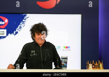 French skipper Jean Le Cam speaks to the press after crossing the finish line of the Vendee Globe round-the-world solo sailing race, in Les Sables-d'Olonne, western France, on January 29, 2021. Vendee Globe high-seas hero Jean Le Cam, who sailed to the rescue of a desperate shipwrecked rival Kevin Escoffier, arrived home in France and admitted: 'I don't know how I got here'. The 61-year-old Le Cam crossed the finish line at the French port of Les Sables-d'Olonne after his epic round-the-world adventure in 81 days, 5 hours, 59 minutes and 55 seconds. Photo by Arnaud Masson/ABACAPRESS.COM Stock Photo