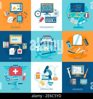 Different profession workspace and equipment concept set isolated vector illustration Stock Vector