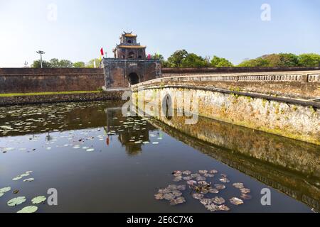 Walled Enclosure and Water Lagoon of Historical Imperial Palace Forbidden City Citadel in Hue, Vietnam Stock Photo