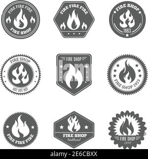 Professional fire shop for firefighters supplies gifts accessories black emblems pictograms collection black isolated abstract vector illustration Stock Vector