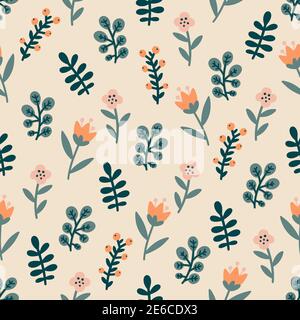 Floral seamless pattern with doodle flowers, branches and leaves. Hand drawn Scandinavian style vector illustration. Stock Vector