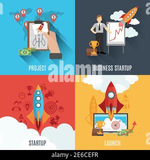 Innovative profitable business startup project 4 flat icons composition poster with rocket launch abstract isolated vector illustration Stock Vector