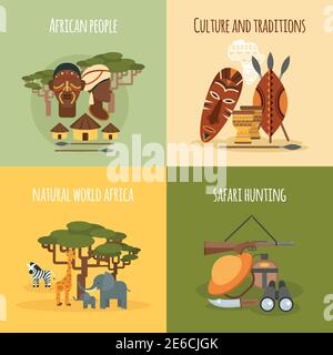 African world people traditions and safari hunting 4 flat icons square composition banner abstract isolated vector illustration Stock Vector
