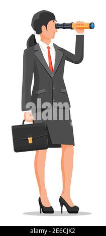 Businesswoman with briefcase looking for opportunities in spyglass. Business woman with telescope. Searches new perspectives. Looking in future. Leadership or visionary. Flat vector illustration Stock Vector