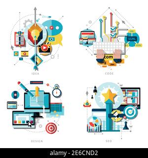 Creative work and ideas icons set with computer design projects and success flat isolated vector illustration Stock Vector