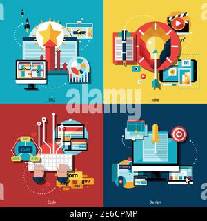 Creative project and ideas icons set with web codes design and SEO flat isolated vector illustration Stock Vector