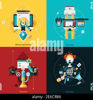 SEO development design concept set with web design and promotion flat icons isolated vector illustration Stock Vector