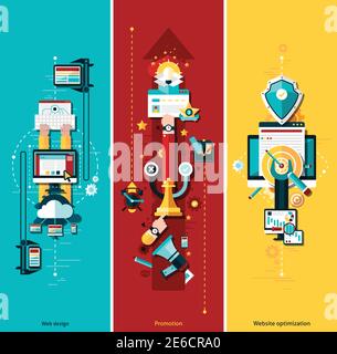SEO development vertical banners set with web design flat elements isolated vector illustration Stock Vector