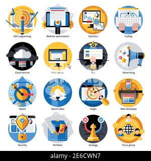 SEO development round icons set with web security and portfolio strategy isolated vector illustration Stock Vector