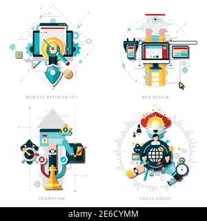 SEO development concept set with website optimization icons flat isolated vector illustration Stock Vector