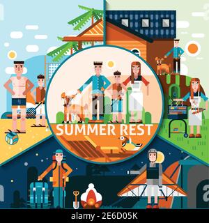 Summer rest concept with active outdoors holidays elements flat vector illustration Stock Vector