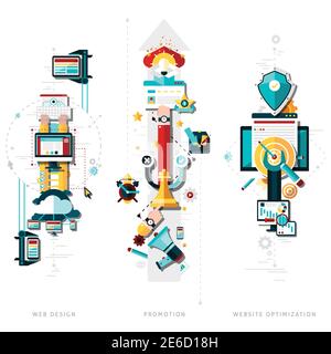 SEO development vertical banners set with web design and promotion flat elements isolated vector illustration Stock Vector