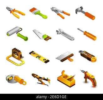 Tools isometric icons set with 3d saw paint roller pliers isolated vector illustration Stock Vector