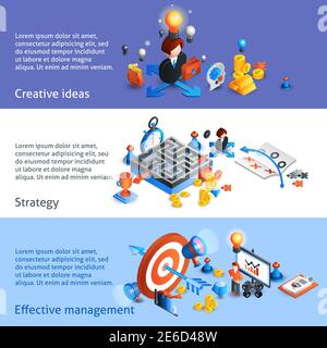 Business strategy horizontal banner set with creative ideas and effective management isometric elements isolated vector illustration Stock Vector