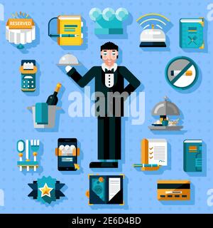 Restaurant services icons set with butler figure serving food isolated vector illustration Stock Vector