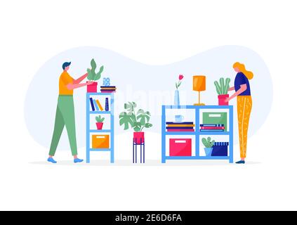 Home garden concept. Young people holding plant with leaves, cares for flower, watering, planting, cultivating. Illustration of flowers, plants in pot Stock Vector
