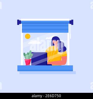 Concept illustration of working at home, coworking space. Woman working on laptop at house. Self isolation, quarantine due to coronavirus prevention. Stock Vector
