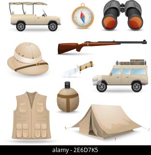 Safari icons for savanna  hunting with tourist  ammunition isolated vector illustration Stock Vector