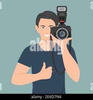 Smiling male photographer with professional photo camera flat vector illustration Stock Vector