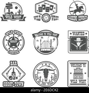 Cowboy black label set with wild west symbols isolated vector illustration Stock Vector