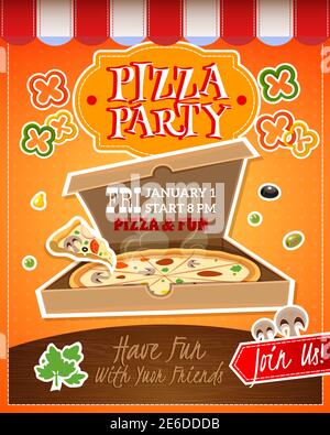 Pizza party cartoon advertising poster with date and time vector illustration Stock Vector