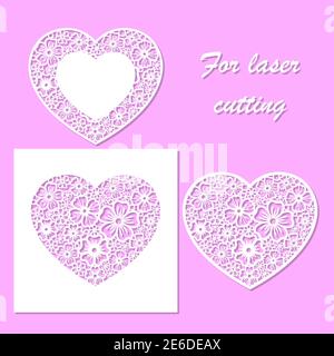 A set of templates for laser cutting. Lacy paper hearts. Openwork floral elements. Vector Stock Vector