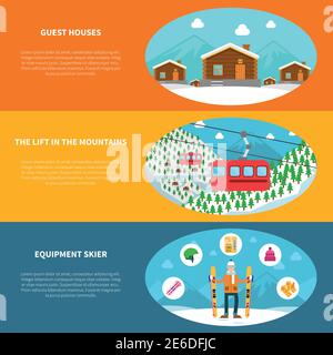 Winter sport horizontal banner set with skier equipment and mountain houses flat vector illustration Stock Vector