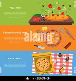 Pizza horizontal banner set with cooking process and ingredients flat elements isolated vector illustration Stock Vector