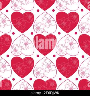Seamless pattern with red hearts with flowers. Bouquet composition with hand drawn flowers. Vector romantic love illustration. Stock Vector