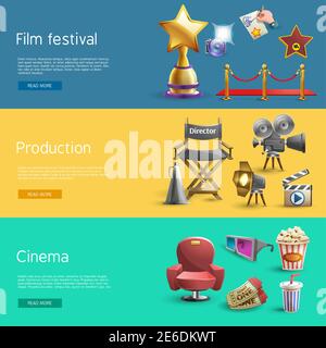 Cinema banner horizontal set with film production elements isolated vector illustration Stock Vector