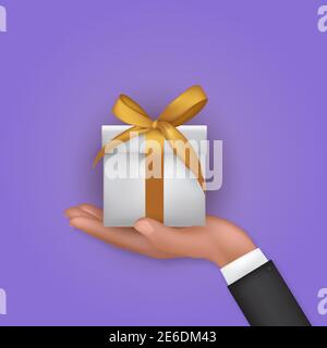 Realistic 3D Hand Holding Gift Box with Bow and Ribbon. Vector Illustration Stock Vector