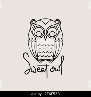 Sweet owl outline logo. Doodel isolated emblem design. Kids education symbol. Vector illustration Stock Vector