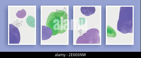Abstract art painting with watercolor stain in pastel colors background.  Minimalist geometric elements and hand drawn line. Mid century scandinavian Stock Vector
