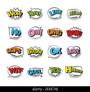 Comic bubble speech with halftone shadow and text. Comic sound effect collection set. Stock Vector