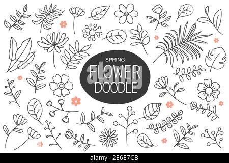 Spring flowers doodle in hand drawn style. Floral and leaves elements collection. Stock Vector
