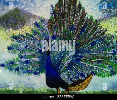 Original oil painting cute peacock bird and peafowl Stock Photo