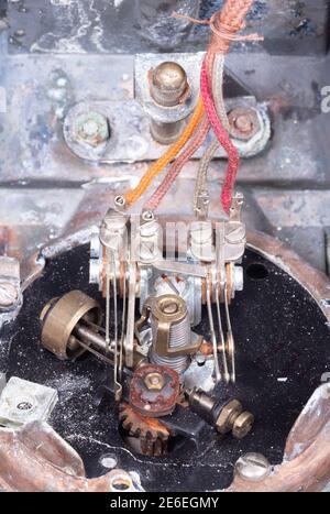 The inside of a very old telephone (1930's), selective focussed Stock Photo