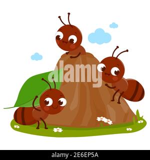 Cartoon ants in ant hill carrying food into their nest. Stock Photo