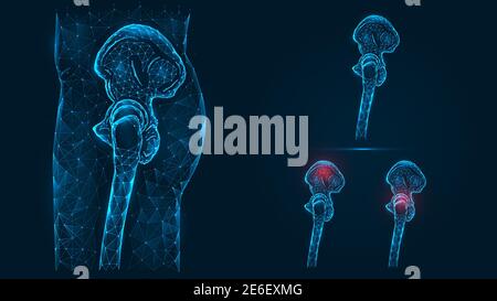 Polygonal illustration of human pelvic and hip bones side view. Disease, pain and inflammation of the pelvis and hip joint. Low poly human leg bones m Stock Vector