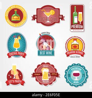 Alcohol labels flat design set for best wine and high quality alcohol beverages isolated vector illustration Stock Vector
